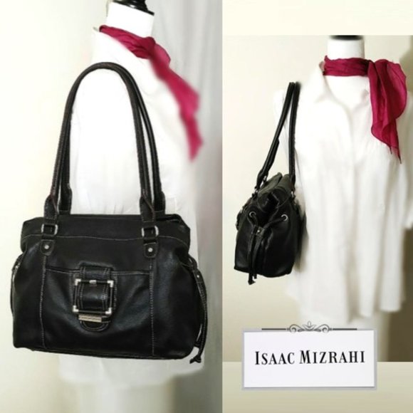 Isaac Mizrahi Black Leather Shoulder Bag Handbag Tote Satchel Magnet Drawstrings - Picture 2 of 13